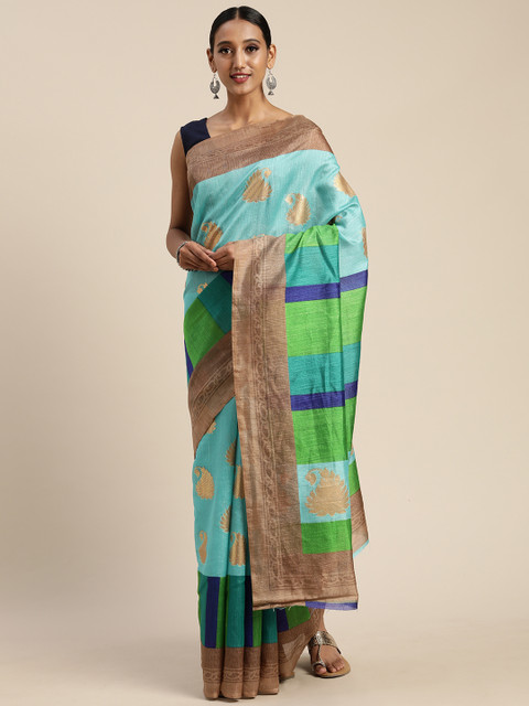 

Pisara Turquoise Blue & Green Silk Cotton Printed Saree