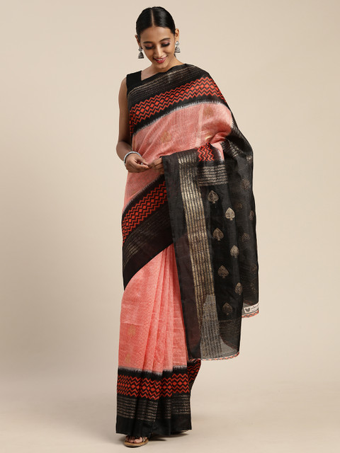 

Pisara Peach-Coloured & Black Silk Cotton Printed Saree