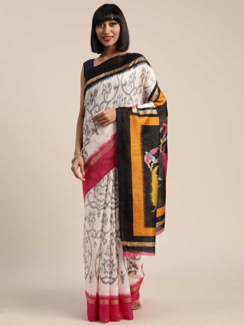 

Pisara Off-White & Pink Silk Cotton Printed Saree