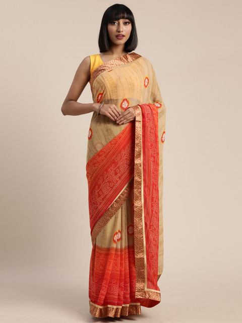 

Pisara Beige & Orange Satin Printed Bandhani Saree