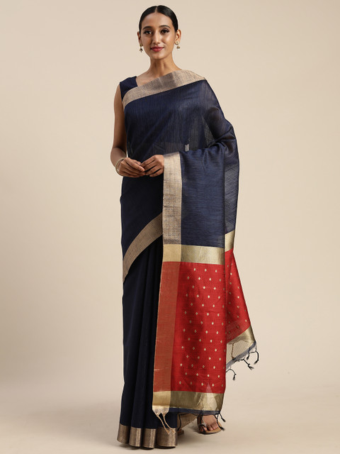 

Pisara Navy Blue & Red Jute Cotton Solid Saree