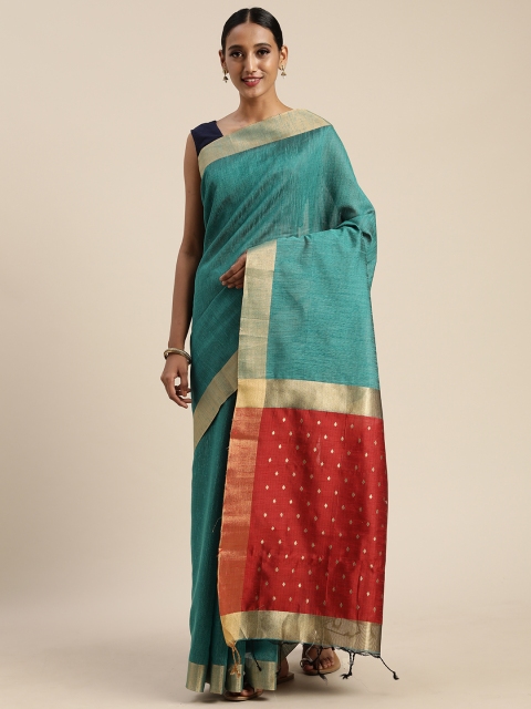 

Pisara Teal Blue & Red Jute Cotton Solid Saree