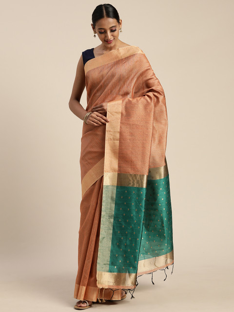 

Pisara Peach-Coloured & Green Jute Cotton Solid Saree