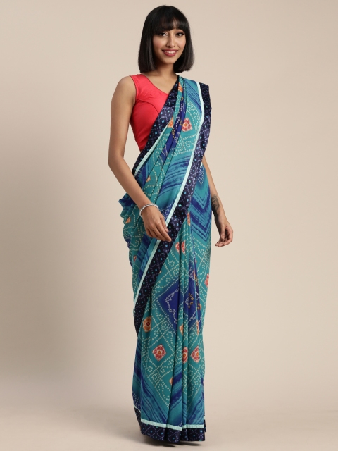 

Pisara Turquoise Blue Satin Printed Bandhani Saree