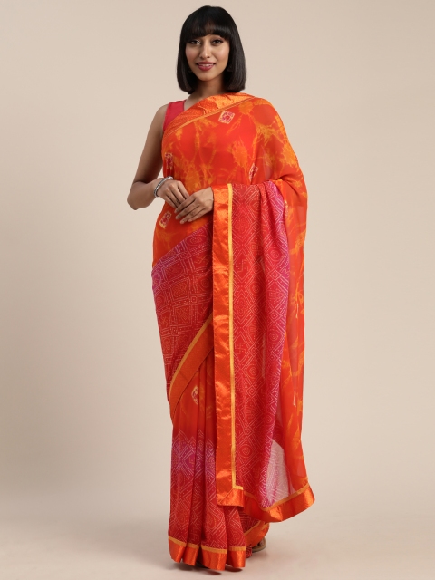 

Pisara Orange Satin Printed Bandhani Saree