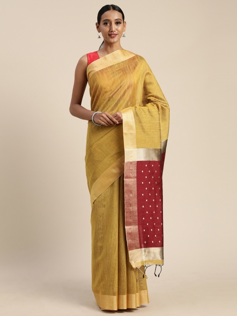 

Pisara Mustard Yellow & Maroon Jute Cotton Woven Design Saree