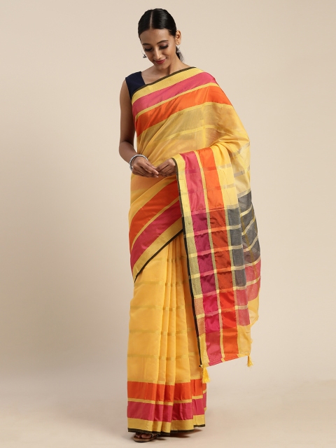 

Pisara Yellow & Golden Silk Cotton Striped Chanderi Saree