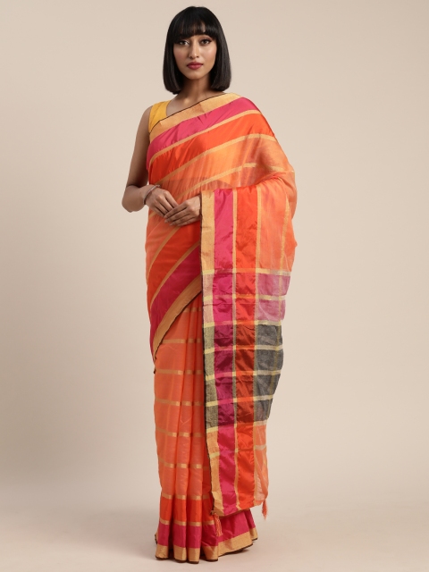 

Pisara Orange & Golden Silk Cotton Striped Chanderi Saree