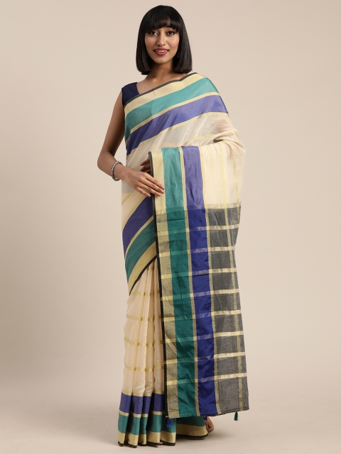 

Pisara Cream-Coloured & Golden Silk Cotton Striped Chanderi Saree