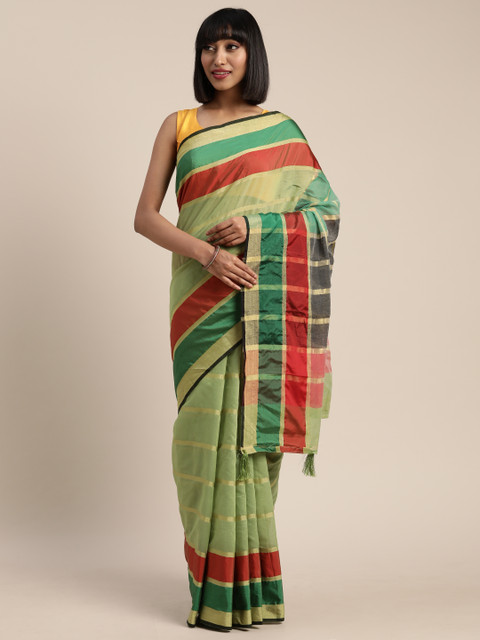 

Pisara Olive Green & Golden Silk Cotton Striped Chanderi Saree