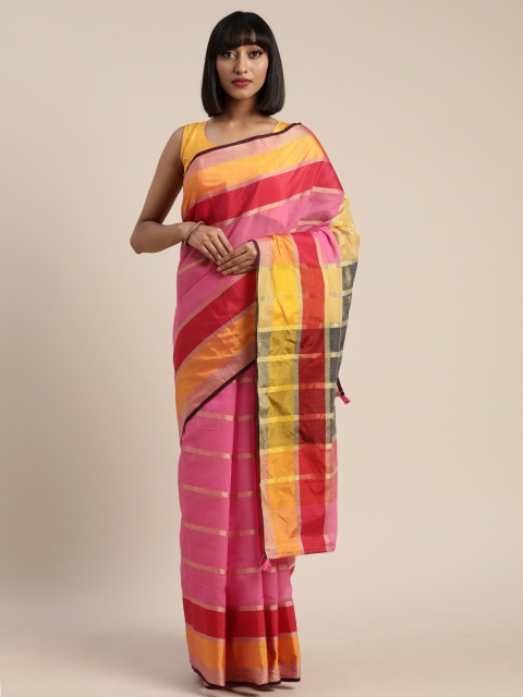 

Pisara Pink & Golden Silk Cotton Striped Chanderi Saree