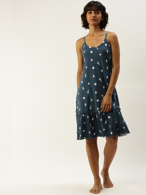 

Slumber Jill Teal Blue & White Printed Nightdress
