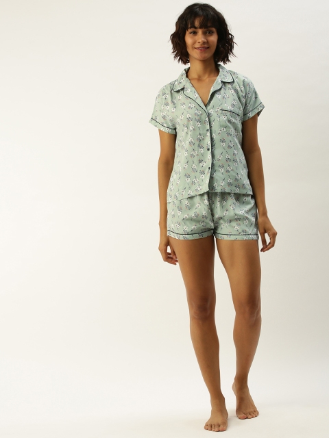 

Slumber Jill Women Green & White Floral Printed Night suit