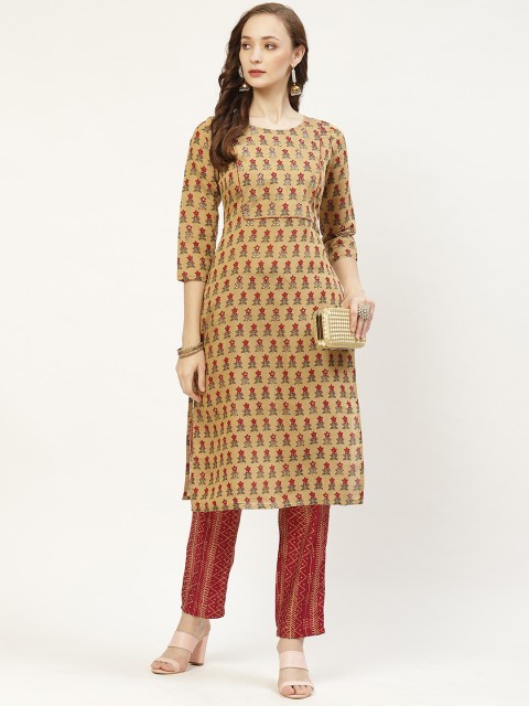 

Prakrti Women Maroon & Beige Floral Print Straight Kurta with Trousers