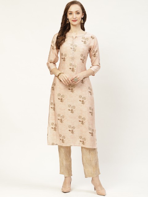 

Prakrti Women Peach-Coloured & Beige Floral Print Straight Kurta with Trousers