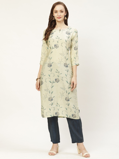 

Prakrti Women Cream-Coloured & Navy Blue Foil Print Kurta with Trousers