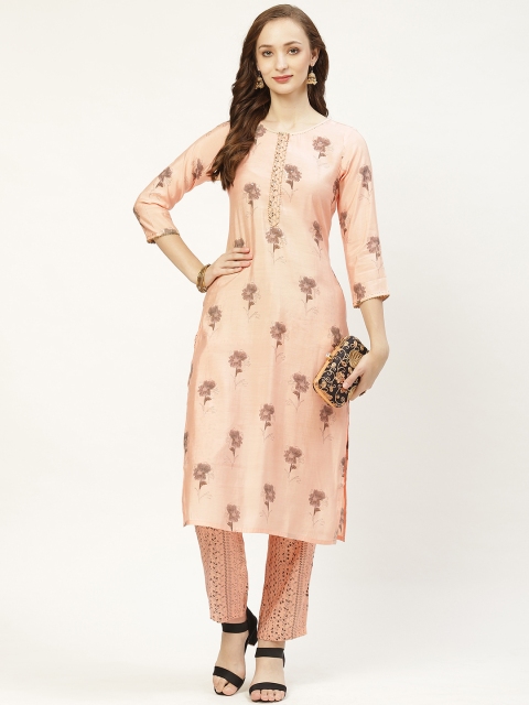

Prakrti Women Peach-coloured & Grey Floral Foil Printed Kurta with Trousers