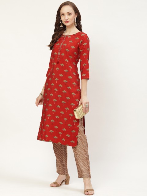 

Prakrti Women Rust Red & Brown Digital Foil Tree Print Kurta with Trousers