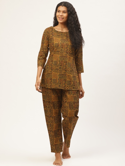 

Prakrti Women Mustard Yellow & Black Printed Night Suit