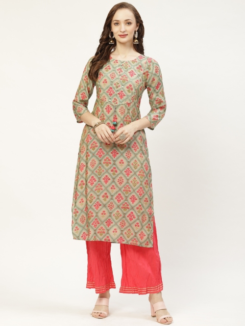 

Prakrti Women Coral Pink & Beige Digital Foil Floral Print Kurta with Palazzos