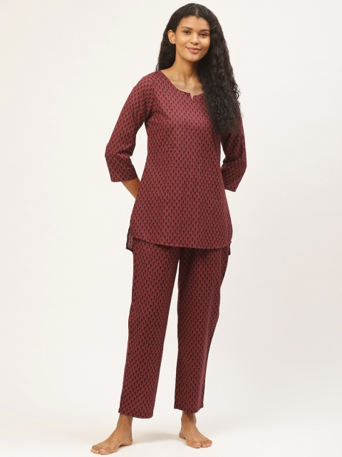 

Prakrti Women Maroon & Coffee Brown All-Over Boota Printed Cotton Night suit Set