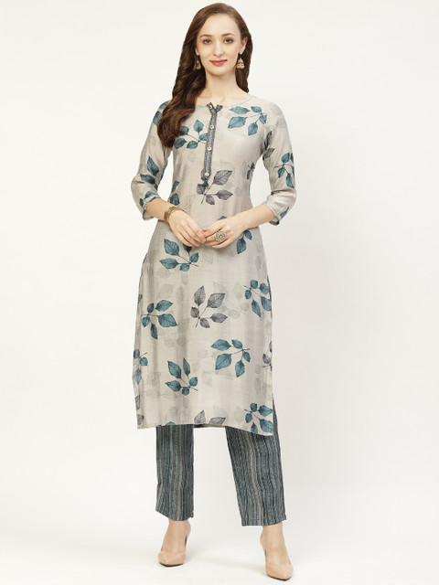 

Prakrti Women Grey & Teal Green Digital Foil Leaf Print Kurta with Trousers