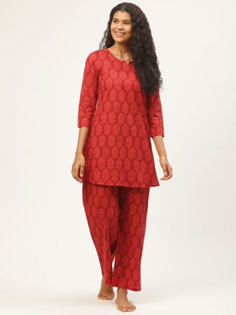

Prakrti Women Red Ethnic All-Over Boota Printed Cotton Sustainable Night Suit