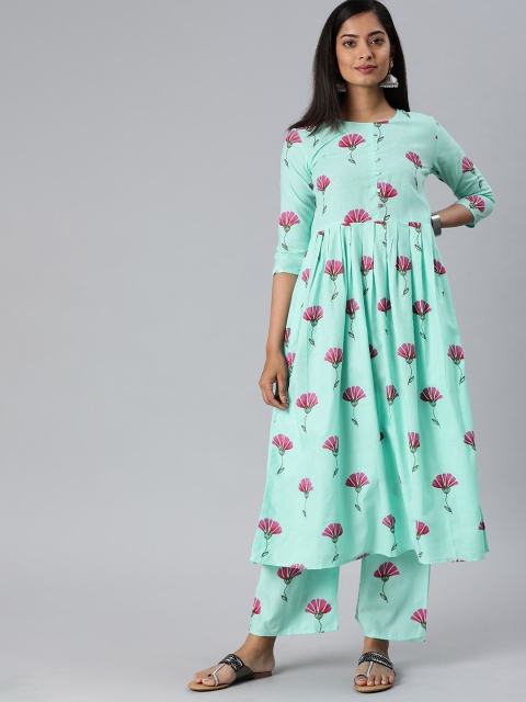 

KALINI Women Sea Green & Pink Printed Kurta with Palazzos