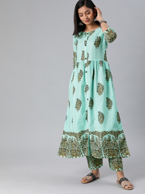 

GoSriKi Women Sea Green Floral Printed Kurta with Trousers