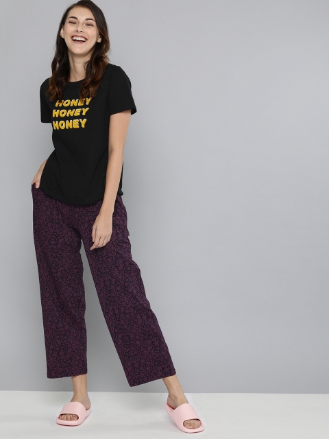 

Mast & Harbour Women Black & Burgundy Floral Printed Night suit
