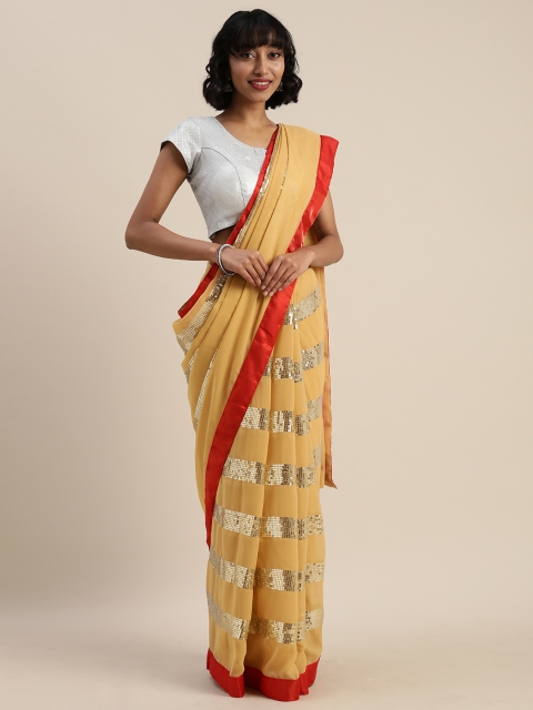 

Sugathari Cream-Coloured & Gold-Toned Poly Georgette Striped Saree