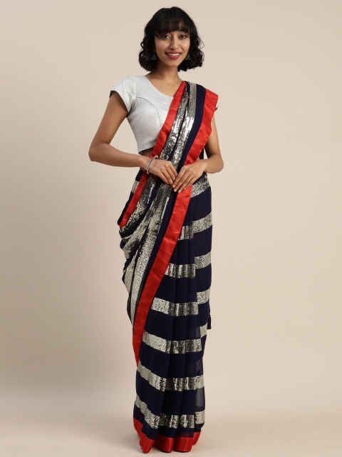 

Sugathari Navy Blue & Gold-Toned Poly Georgette Striped Saree