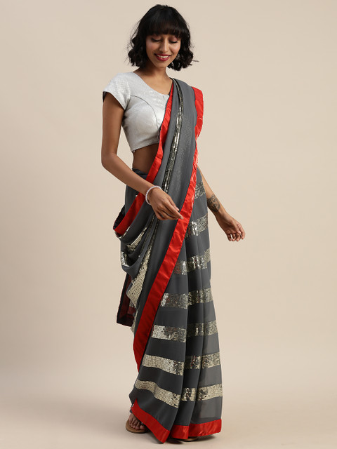 

Sugathari Grey Striped Saree