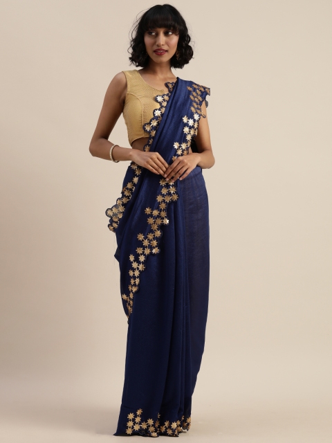

Sugathari Navy Blue Solid Poly Silk Saree with Sequins