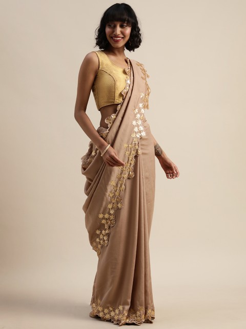 

Sugathari Beige Solid Poly Silk Saree with Sequins