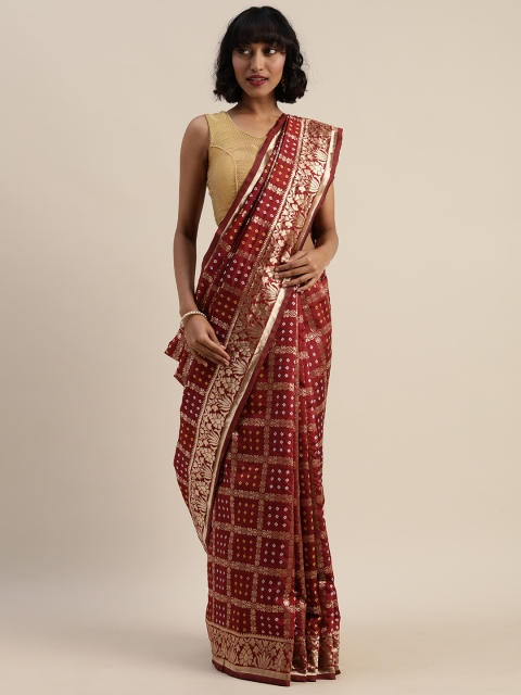 

Sugathari Maroon & Gold-Toned Art Silk Woven Design Bandhani Saree