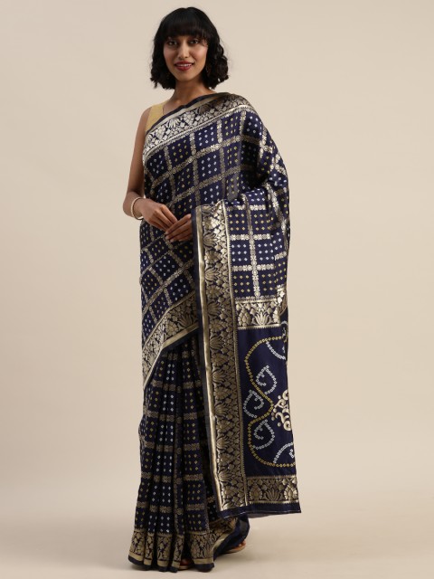 

Sugathari Navy Blue & Gold-Toned Art Silk Woven Design Bandhani Saree
