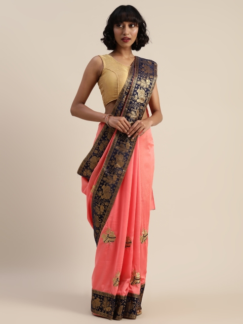 

Sugathari Peach-Coloured Embroidered Poly Silk Saree