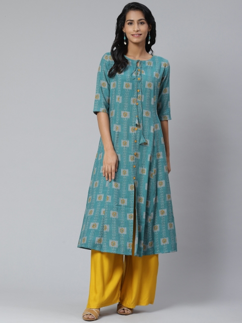 

Sbo Fashion Women Teal Blue & Off-White Printed A-Line Kurta