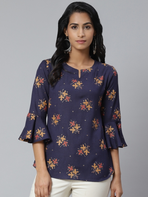 

Sbo Fashion Women Navy Blue & Mustard Yellow Printed Top