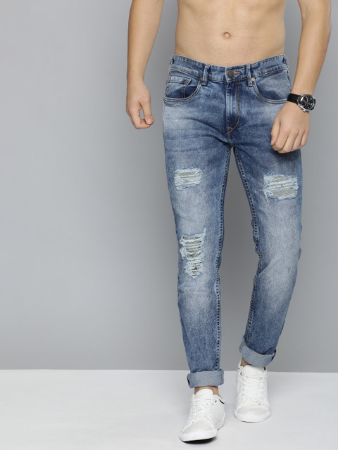 

HERE&NOW Men Blue Regular Fit Mid-Rise Highly Distressed Stretchable Jeans