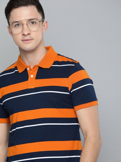 

Mast Harbour Men Navy Blue Striped Polo Neck Pure Cotton T-shirt