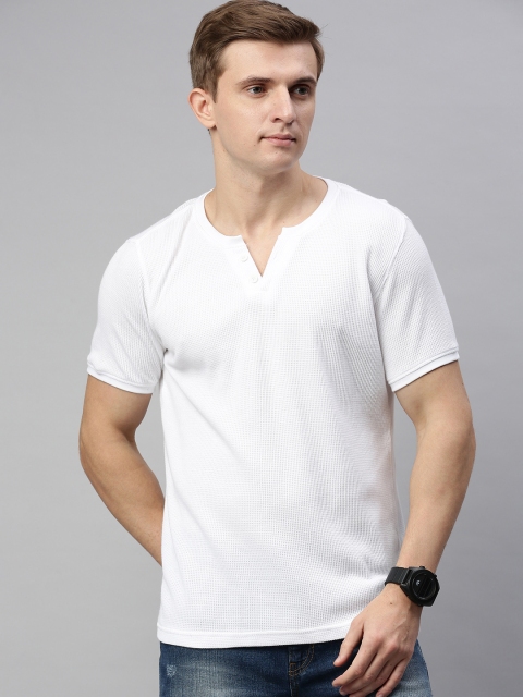 

Mast Harbour Men White Self Design Henley Neck Pure Cotton T-shirt