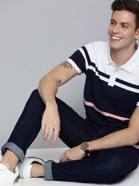 

Mast & Harbour Men White & Navy Blue Colourblocked Polo Collar T-shirt