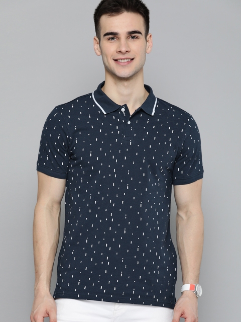 

Mast & Harbour Men Navy Blue & White Printed Cotton Polo Collar T-shirt