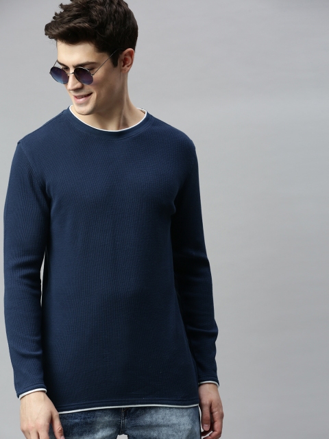 

Mast Harbour Men Navy Blue Solid Round Neck Pure Cotton T-shirt