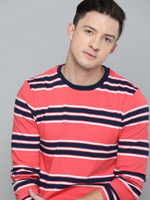 

Mast & Harbour Men Coral Striped Round Neck T-shirt