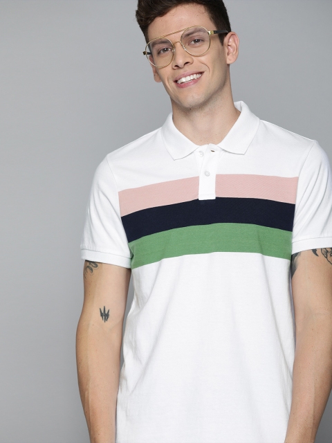 Mast & Harbour Men White Striped Polo Collar T-shirt