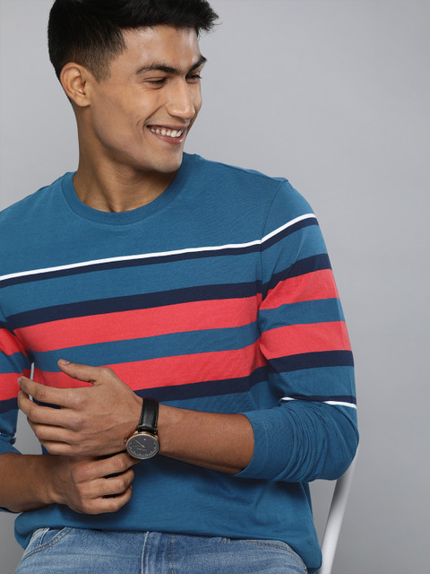 

Mast & Harbour Men Blue & Coral Pink Striped Round Neck T-shirt