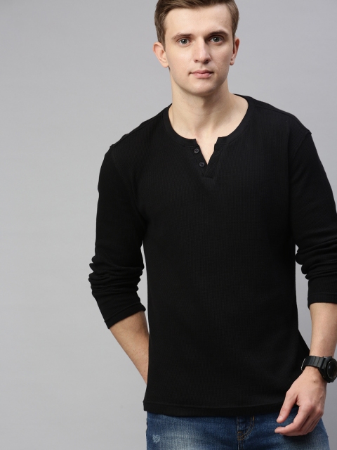 

Mast & Harbour Men Black Solid Waffle Knit Henley Neck T-shirt